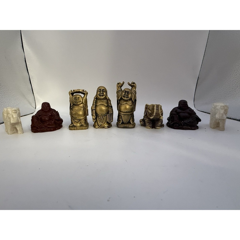 Lot of 7 Mini Figurines Buddha & Elephants – Resin & Stone Mix Vintage